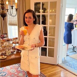 BHLDN V Neck Tweed Dress with Pearl Details in Ivory